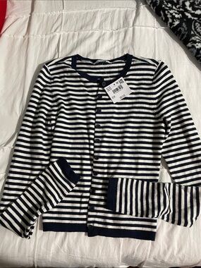 American Eagle Outfitters Navy and White Striped Button-Up Cardigan